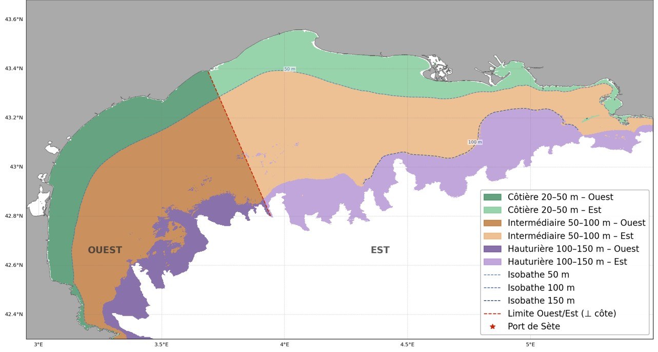 Carte du golfe du Lion découpée en 6 zones : côtière, intermédiaire et hauturière, à l'Ouest et à l'Est